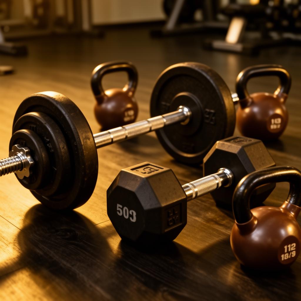 Premium gym equipment — dumbbells, barbell, and kettlebells