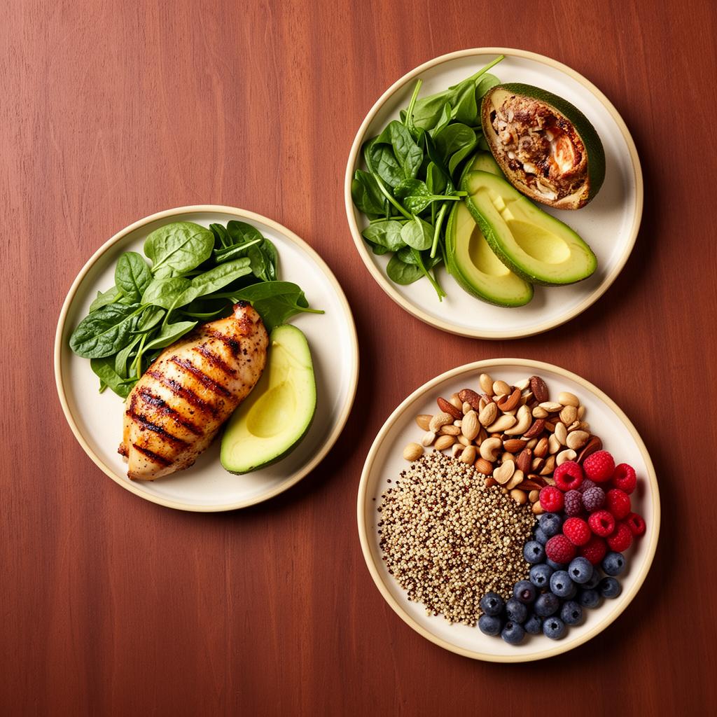 Healthy nutrition — grilled chicken, avocado, greens, quinoa, nuts and berries
